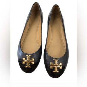 TORY BURCH Everly Cap Toe Ballet Flats 8 Leather Black